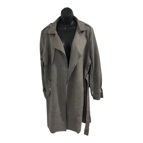 Stunning‎ gray faux suede belted trench coat size XL new